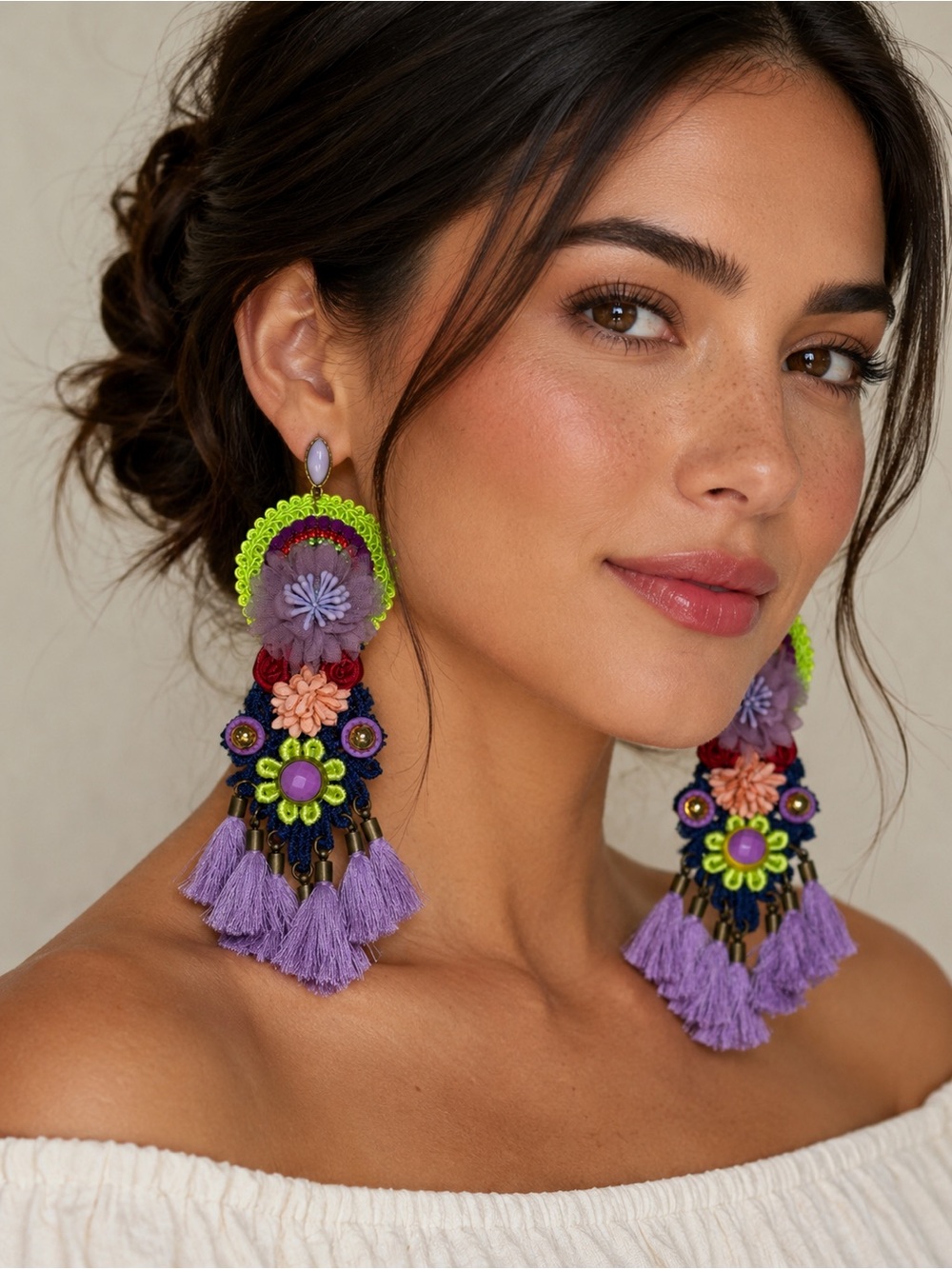 Handmade Multicolor Floral Tassel Statement Earrings - Lavender & Lime